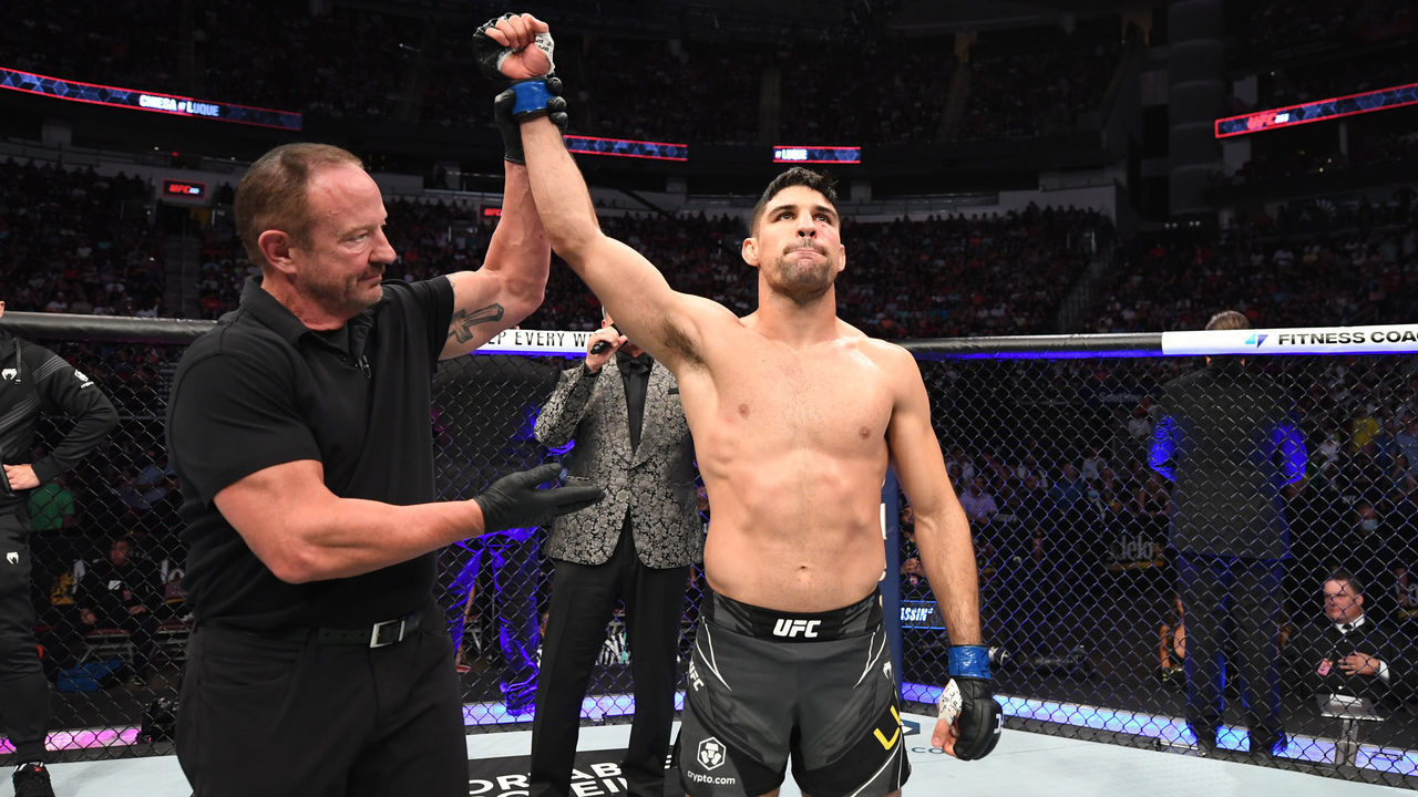 HOUSTON, TEXAS - AUGUST 07: Vicente Luque of Brazil reacts after defeating Michael Chiesa via submission in their welterweight bout during the UFC 265 event at Toyota Center on August 07, 2021 in Houston, Texas.