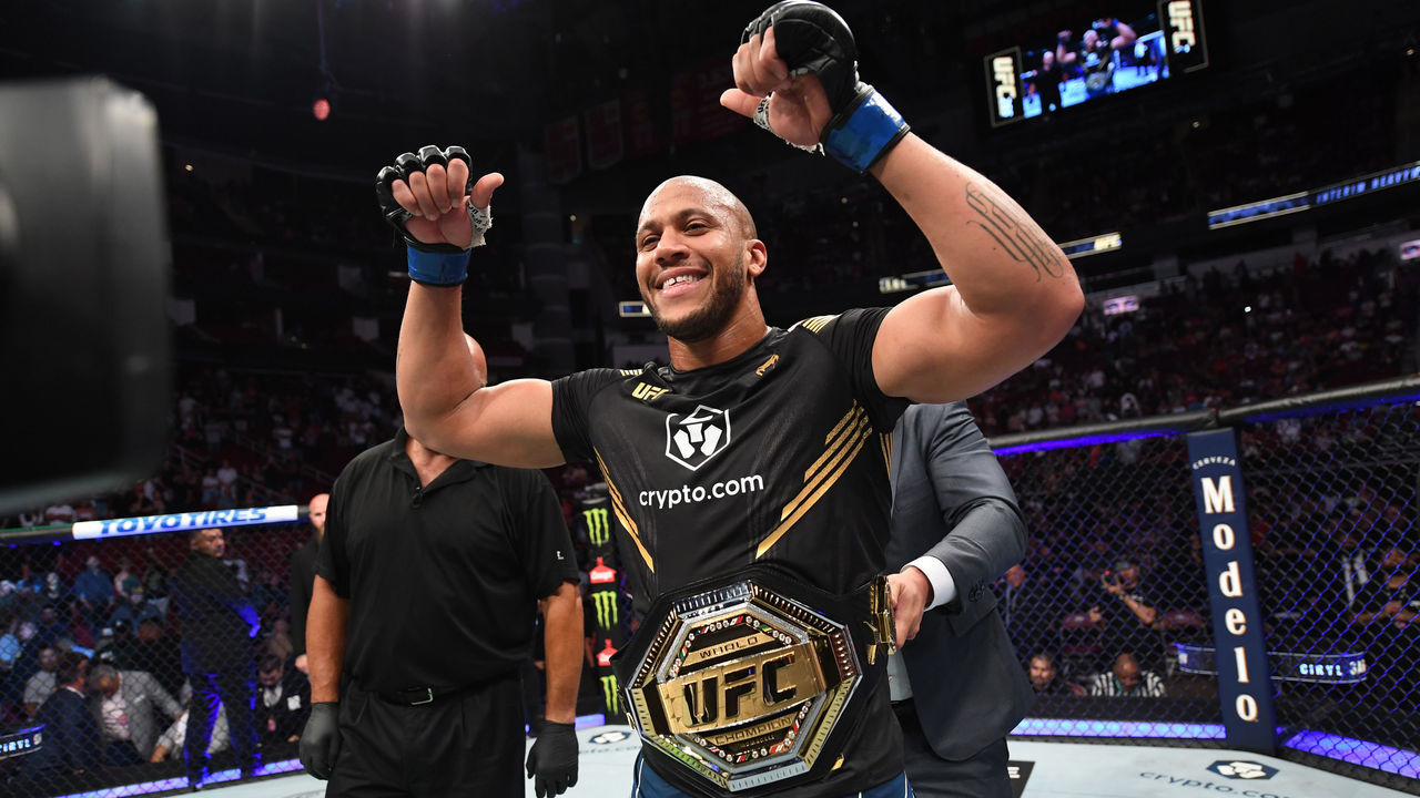 HOUSTON, TEXAS - AUGUST 07: Ciryl Gane of France reacts after defeating Derrick Lewis in their interim heavyweight title bout during the UFC 265 event at Toyota Center on August 07, 2021 in Houston, Texas.
