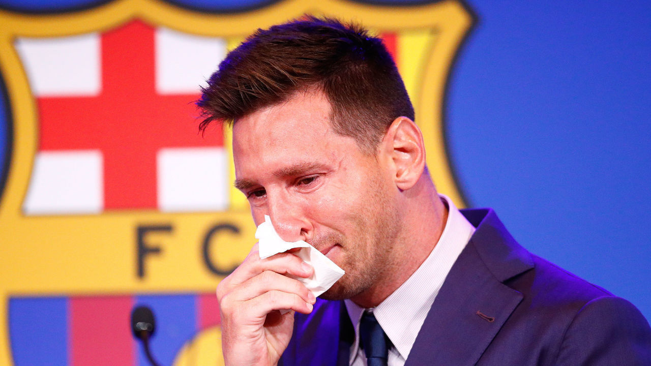BARCELONA, SPAIN - AUGUST 08: Lionel Messi of FC Barcelona faces the media during a press conference at Nou Camp on August 08, 2021 in Barcelona, Spain.