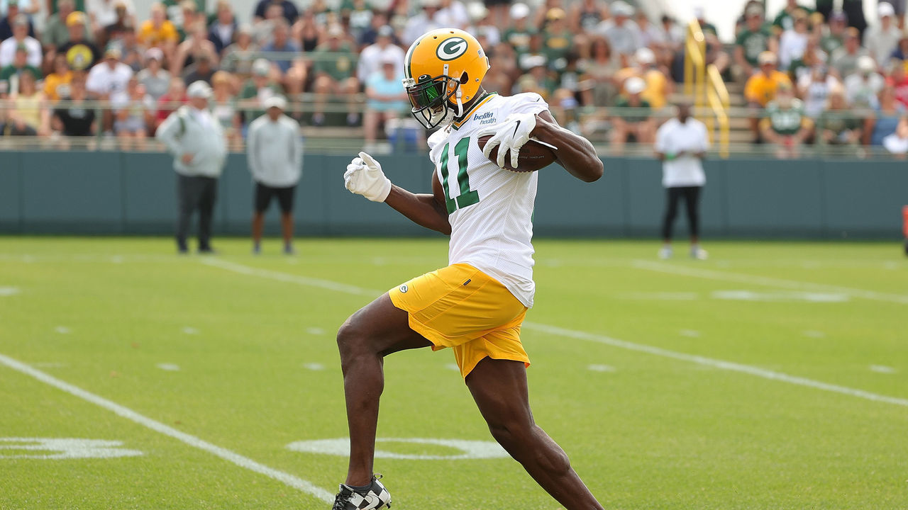 ASHWAUBENON, WISCONSIN - JULY 28: Devin Funchess #11 of the Green Bay Packers works out during training camp at Ray Nitschke Field on July 28, 2021 in Ashwaubenon, Wisconsin.