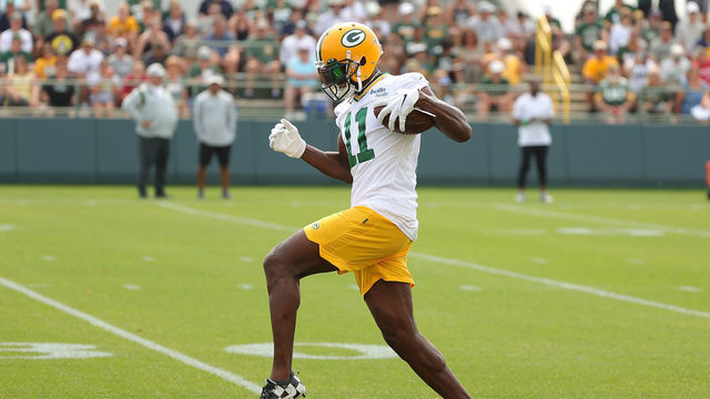 ASHWAUBENON, WISCONSIN - JULY 28: Devin Funchess #11 of the Green Bay Packers works out during training camp at Ray Nitschke Field on July 28, 2021 in Ashwaubenon, Wisconsin.