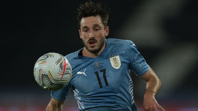 Uruguay's Matias Vina controls the ball during the Conmebol Copa America 2021 football tournament group phase match against Paraguay at the Nilton Santos Stadium in Rio de Janeiro, Brazil, on June 28, 2021.
