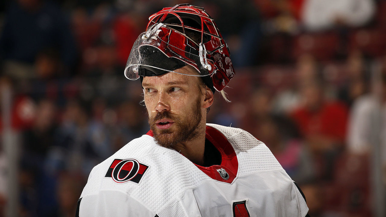SUNRISE, FL - DECEMBER 16: Goaltender Anders Nilsson #31 of the Ottawa Senators skates back to the net after a break in the action against the Florida Panthers at the BB&T Center on December 16, 2019 in Sunrise, Florida.