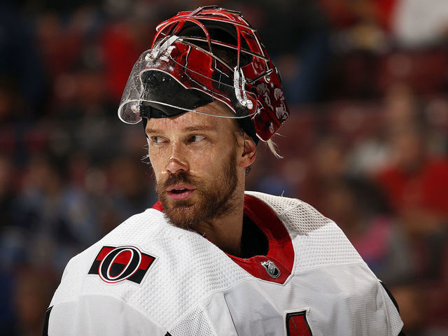 SUNRISE, FL - DECEMBER 16: Goaltender Anders Nilsson #31 of the Ottawa Senators skates back to the net after a break in the action against the Florida Panthers at the BB&T Center on December 16, 2019 in Sunrise, Florida.