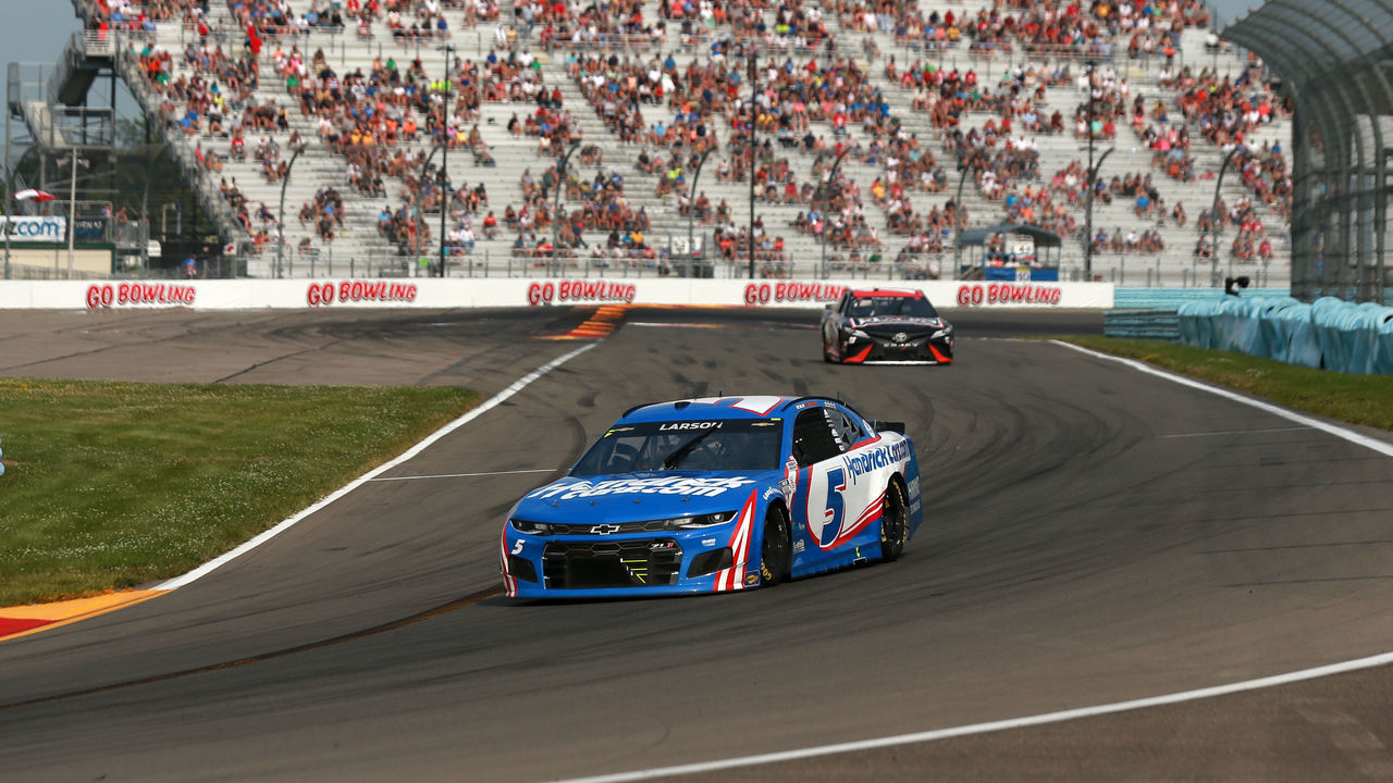 WATKINS GLEN, NEW YORK - AUGUST 08: Kyle Larson, driver of the #5 HendrickCars.com Chevrolet, drives during the NASCAR Cup Series Go Bowling at The Glen at Watkins Glen International on August 08, 2021 in Watkins Glen, New York.