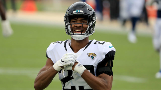JACKSONVILLE, FLORIDA - SEPTEMBER 13: CJ Henderson #23 of the Jacksonville Jaguars celebrates after making an interception during the game against the Indianapolis Colts at TIAA Bank Field on September 13, 2020 in Jacksonville, Florida.