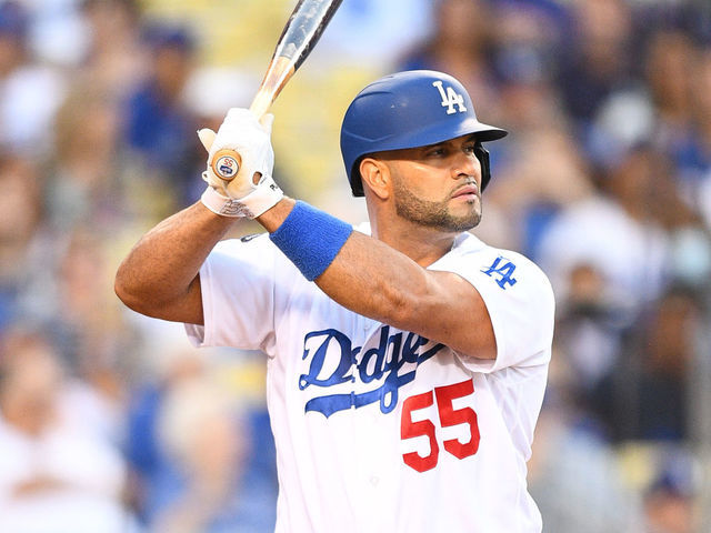 Los Angeles, United States. 8th Aug, 2021. Los Angeles Dodgers' first  baseman Albert Pujols (55) celebrates with teammates in the dugout after  hitting a two-run homer off Los Angeles Angels' starting pitcher