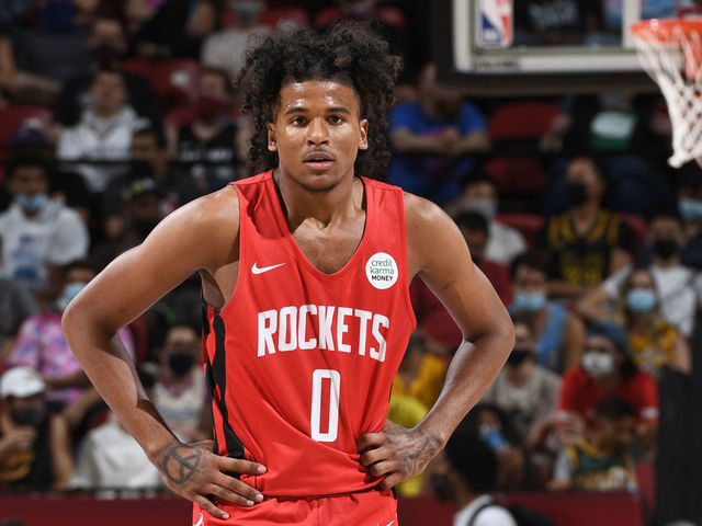 LAS VEGAS, NV - AUGUST 8: Jalen Green #0 of the Houston Rockets looks on during the game against the Cleveland Cavaliers during the 2021 Las Vegas Summer League on August 8, 2021 at the Thomas & Mack Center in Las Vegas, Nevada. Mandatory Copyright Notice: Copyright 2021 NBAE
