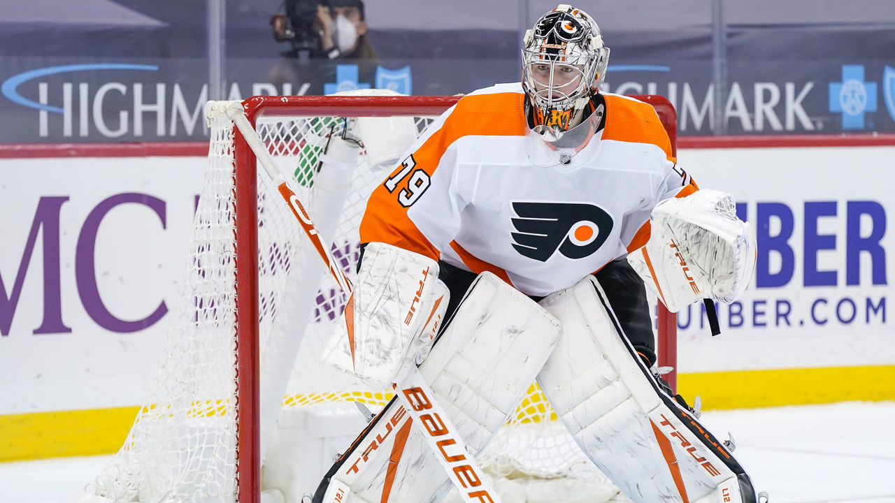PITTSBURGH, PA - MARCH 02: Philadelphia Flyers Goalie Carter Hart (79) tends net during the second period in the NHL game between the Pittsburgh Penguins and the Philadelphia Flyers on March 2, 2021, at PPG Paints Arena in Pittsburgh, PA.