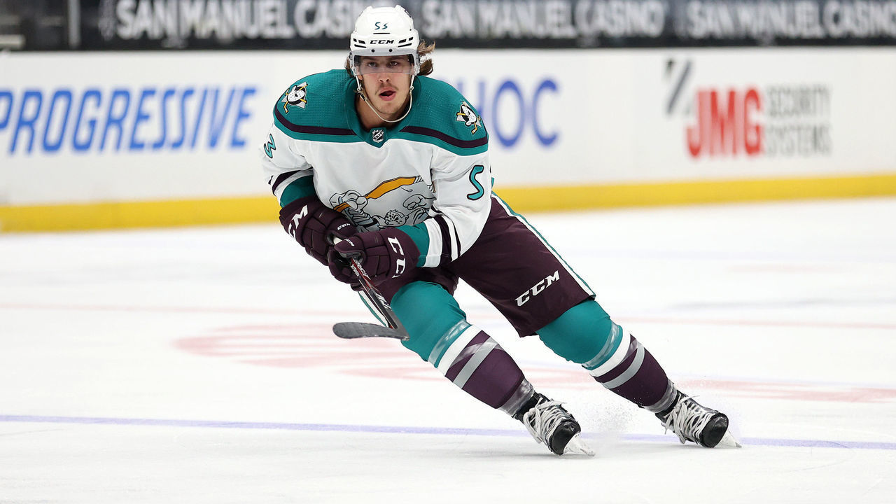 ANAHEIM, CALIFORNIA - APRIL 24: Max Comtois #53 of the Anaheim Ducks skates up ice during the second period of a game against the Vegas Golden Knights at Honda Center on April 24, 2021 in Anaheim, California.