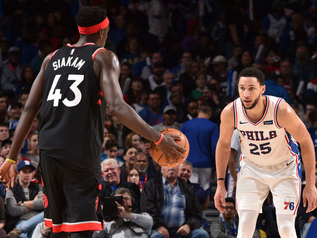 PHILADELPHIA, PA - DECEMBER 8: Ben Simmons #25 of the Philadelphia 76ers plays defense against Pascal Siakam #43 of the Toronto Raptors on December 8, 2019 at the Wells Fargo Center in Philadelphia, Pennsylvania NOTE TO USER: User expressly acknowledges and agrees that, by downloading and/or using this Photograph, user is consenting to the terms and conditions of the Getty Images License Agreement. Mandatory Copyright Notice: Copyright 2019 NBAE