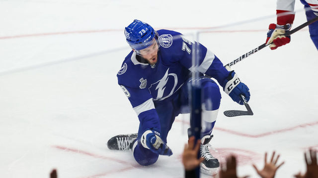 TAMPA, FL - JULY 7: Ross Colton #79 of the Tampa Bay Lightning celebrates a goal against the Montreal Canadiens during the second period of Game Five of the Stanley Cup Final of the 2021 Stanley Cup Playoffs at Amalie Arena on July 7, 2021 in Tampa, Florida.