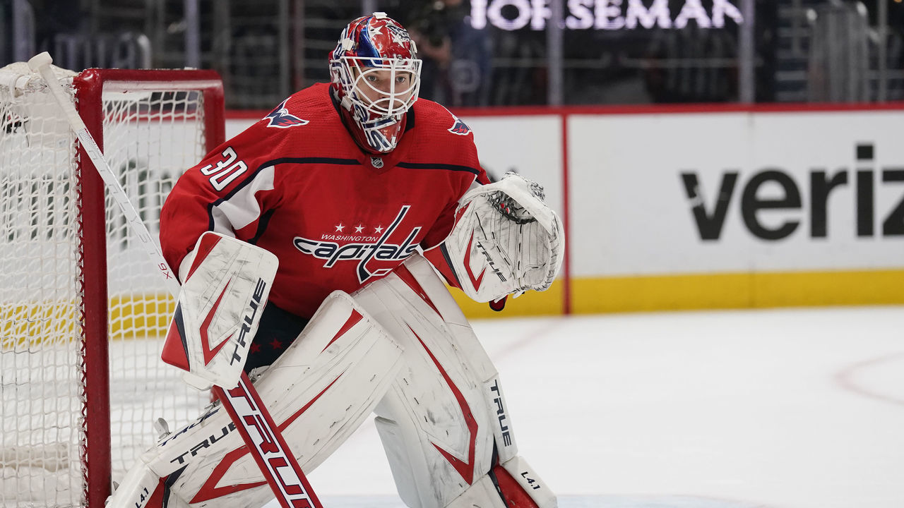 WASHINGTON, DC - MAY 23: Ilya Samsonov #30 of the Washington Capitals tends the net against the Boston Bruins in the second period in Game Five of the First Round of the 2021 Stanley Cup Playoffs at Capital One Arena on May 23, 2021 in Washington, DC.