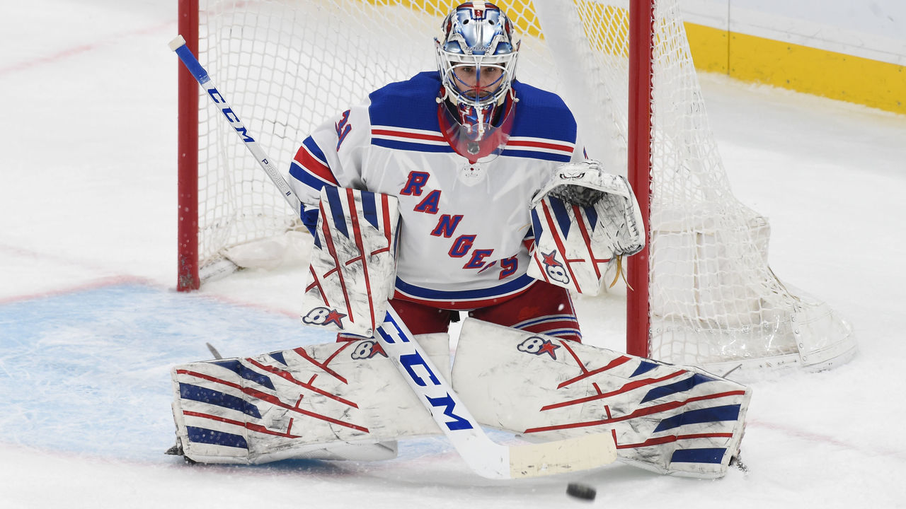 BOSTON, MA - MAY 8: Igor Shesterkin #31 of the New York Rangers in the net during the third period against the Boston Bruins at the TD Garden on May 8, 2021 in Boston, Massachusetts.