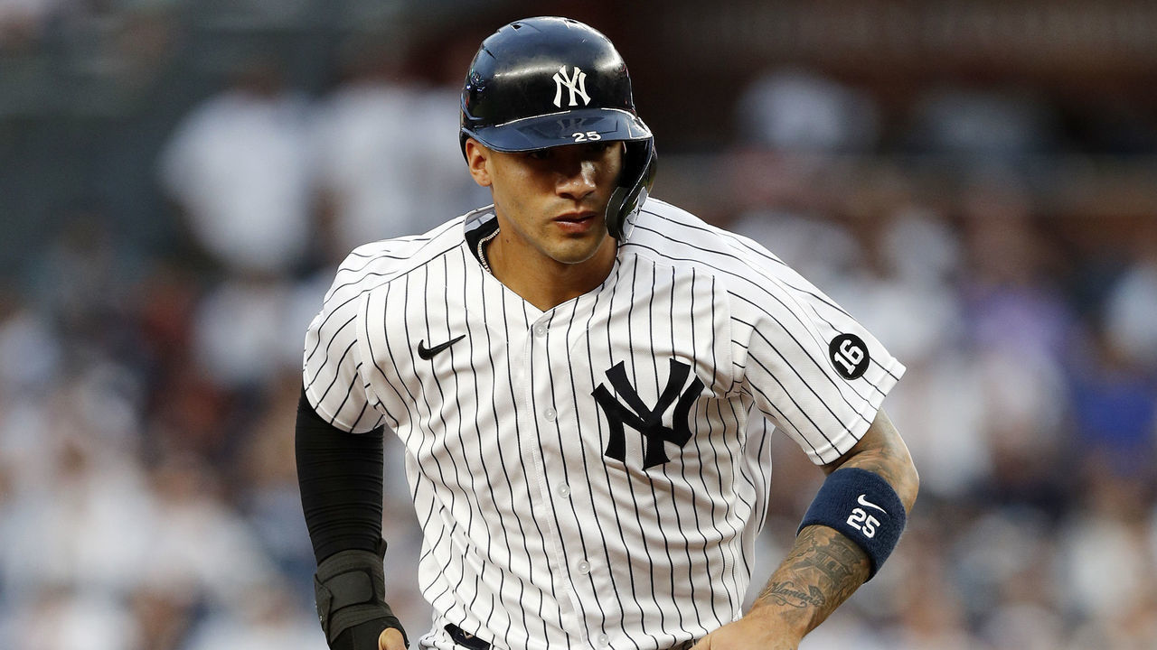 NEW YORK, NEW YORK - AUGUST 03: Gleyber Torres #25 of the New York Yankees in action against the Baltimore Orioles at Yankee Stadium on August 03, 2021 in New York City. The Yankees defeated the Orioles 13-1.