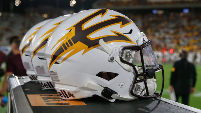 TEMPE, AZ - SEPTEMBER 06: A detailed view of an Arizona State Sun Devils helmet during the college football game between the Sacramento State Hornets and the Arizona State Sun Devils on September 6, 2019 at Sun Devil Stadium in Tempe, Arizona.