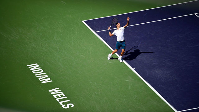 Tennis: Indian Wells Masters: Aerial view of Swittzerland Roger Federer in action, serving vs Spain Rafael Nadal during Men's Semifinals vs at Indian Wells Tennis Garden. Indian Wells, CA 3/15/2019 CREDIT: Kohjiro Kinno (Set Number: X162547 TK1 )