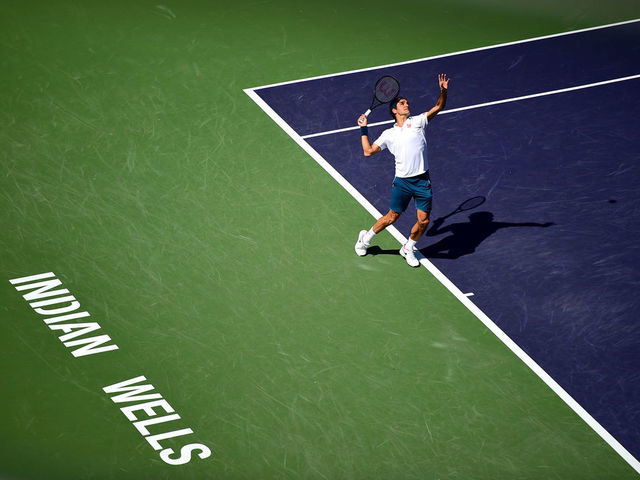 Tennis: Indian Wells Masters: Aerial view of Swittzerland Roger Federer in action, serving vs Spain Rafael Nadal during Men's Semifinals vs at Indian Wells Tennis Garden. Indian Wells, CA 3/15/2019 CREDIT: Kohjiro Kinno (Set Number: X162547 TK1 )