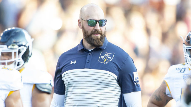AUBURN, AL - SEPTEMBER 14: Head coach Sean Lewis of the Kent State Golden Flashes watches his team warm up prior to their game against the Auburn Tigers at Jordan-Hare Stadium on September 14, 2019 in Auburn, Alabama.