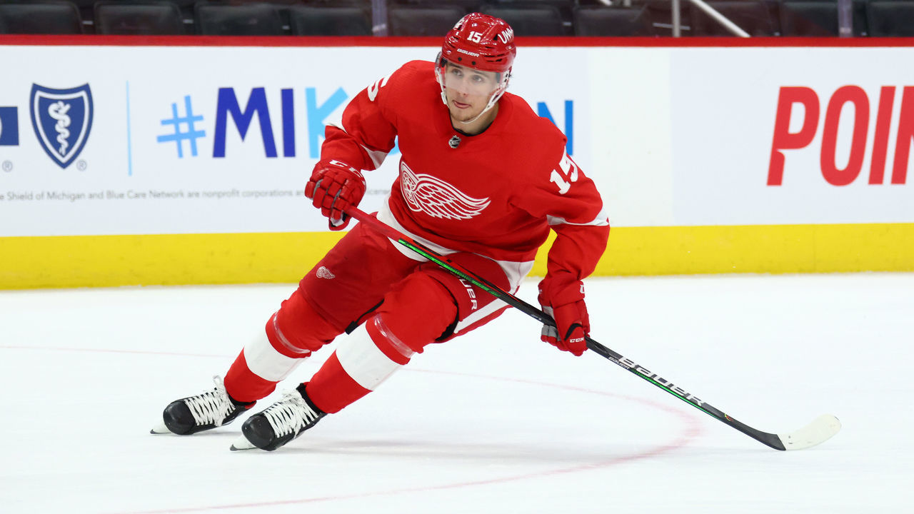 DETROIT, MICHIGAN - MAY 01: Jakub Vrana #15 of the Detroit Red Wings skates against the Tampa Bay Lightning at Little Caesars Arena on May 01, 2021 in Detroit, Michigan.