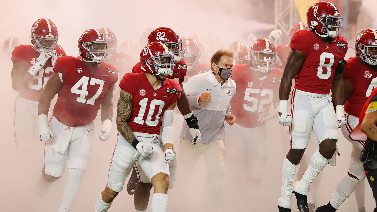MIAMI GARDENS, FLORIDA - JANUARY 11: Head coach Nick Saban of the Alabama Crimson Tide takes the field for the College Football Playoff National Championship game against the Ohio State Buckeyes at Hard Rock Stadium on January 11, 2021 in Miami Gardens, Florida.