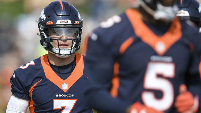 ENGLEWOOD , CO - AUGUST 2: Drew Lock (3) of the Denver Broncos and Teddy Bridgewater (5) work through drills during training camp on Monday, August 2, 2021.