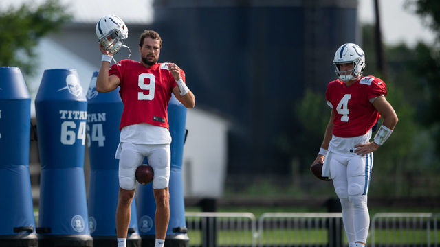 WESTFIELD, IN - AUGUST 07: Indianapolis Colts quarterback Jacob Eason (9) and Indianapolis Colts quarterback Sam Ehlinger (4) run through a drill during the Indianapolis Colts training camp practice on August 7, 2021 at Grand Park Sports Complex in Westfield, IN.