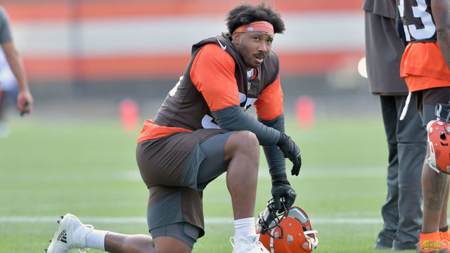 BEREA, OHIO - JULY 30: Defensive end Myles Garrett #95 of the Cleveland Browns waits for the next drill during Cleveland Browns Training Camp on July 30, 2021 in Berea, Ohio.