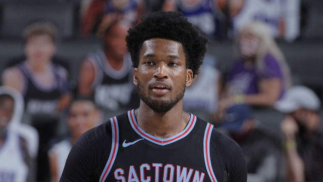 SACRAMENTO, CA - MAY 11: Damian Jones #15 of the Sacramento Kings looks on during the game against the Oklahoma City Thunder on May 11, 2021 at Golden 1 Center in Sacramento, California. NOTE TO USER: User expressly acknowledges and agrees that, by downloading and or using this photograph, User is consenting to the terms and conditions of the Getty Images Agreement. Mandatory Copyright Notice: Copyright 2021 NBAE
