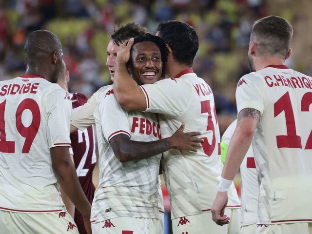Monaco's Portuguese midfielder Gelson Martins (C) celebrates with teammates after he scored a goal during the Champions League match Q3 football match between AS Monaco and AC Sparta Praha at "Louis II" stadium in Monaco, on August 10, 2021.