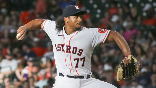 HOUSTON, TX - AUGUST 07: Houston Astros starting pitcher Luis Garcia (77) throws a pitch during the baseball game between the Minnesota Twins and Houston Astros on August 7, 2021 at Minute Maid Park in Houston, Texas.