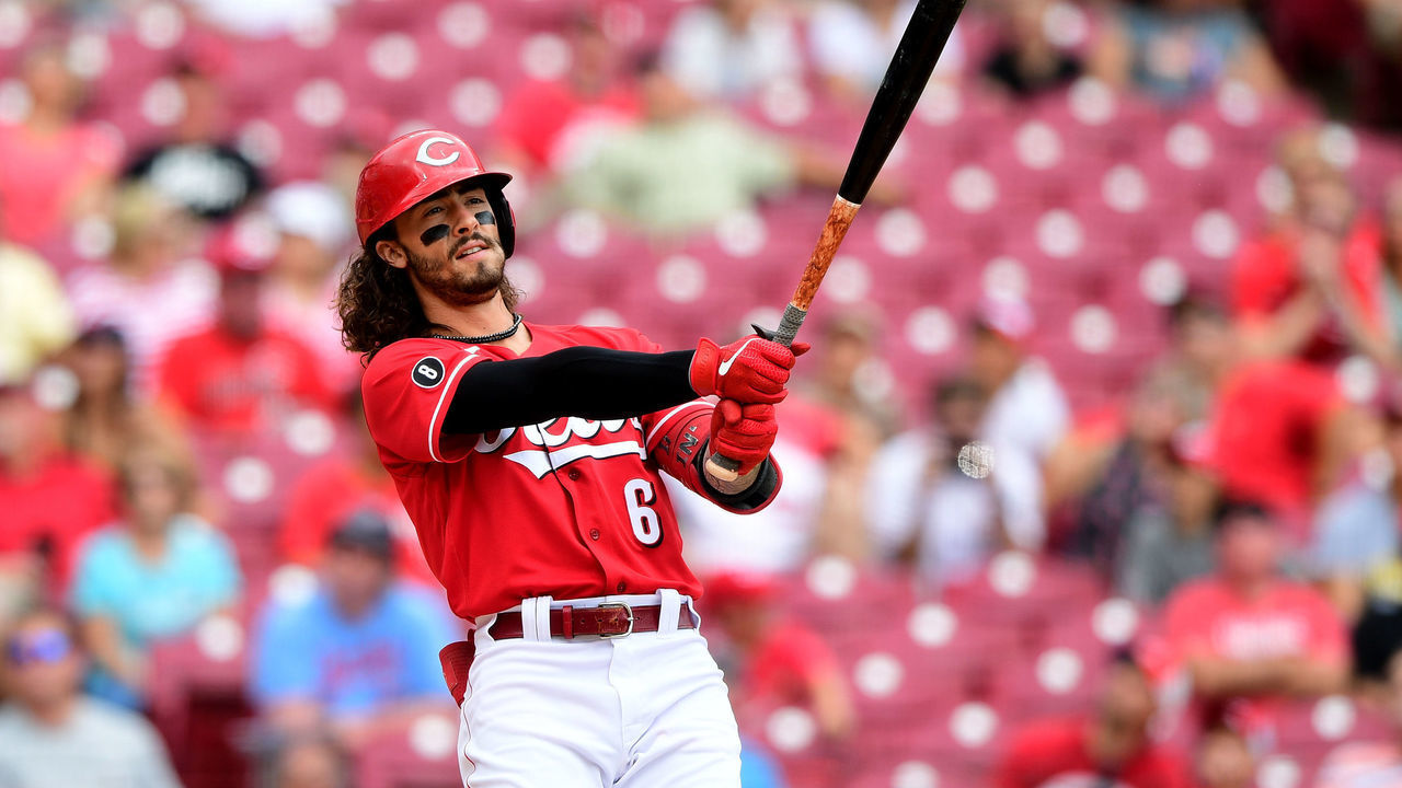 CINCINNATI, OHIO - AUGUST 04: Jonathan India #6 of the Cincinnati Reds at bat during a game between the Cincinnati Reds and Minnesota Twins at Great American Ball Park on August 04, 2021 in Cincinnati, Ohio.