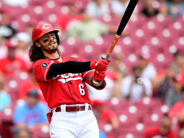 CINCINNATI, OHIO - AUGUST 04: Jonathan India #6 of the Cincinnati Reds at bat during a game between the Cincinnati Reds and Minnesota Twins at Great American Ball Park on August 04, 2021 in Cincinnati, Ohio.