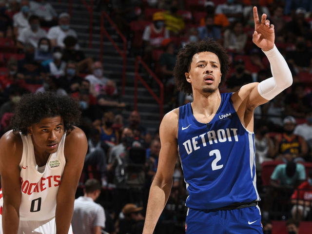 LAS VEGAS, NV - AUGUST 10: Jalen Green #0 of the Houston Rockets and Cade Cunningham #2 of the Detroit Pistons look on during the 2021 Las Vegas Summer League on August 10, 2021 at the Thomas & Mack Center in Las Vegas, Nevada. NOTE TO USER: User expressly acknowledges and agrees that, by downloading and/or using this Photograph, user is consenting to the terms and conditions of the Getty Images License Agreement. Mandatory Copyright Notice: Copyright 2021 NBAE
