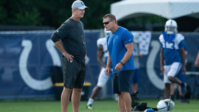 WESTFIELD, IN - AUGUST 05: Indianapolis Colts general manager Chris Ballard talks to Indianapolis Colts head coach Frank Reich on the field before the Indianapolis Colts training camp practice on August 5, 2018 at the Grand Park Sports Campus in Westfield, IN.
