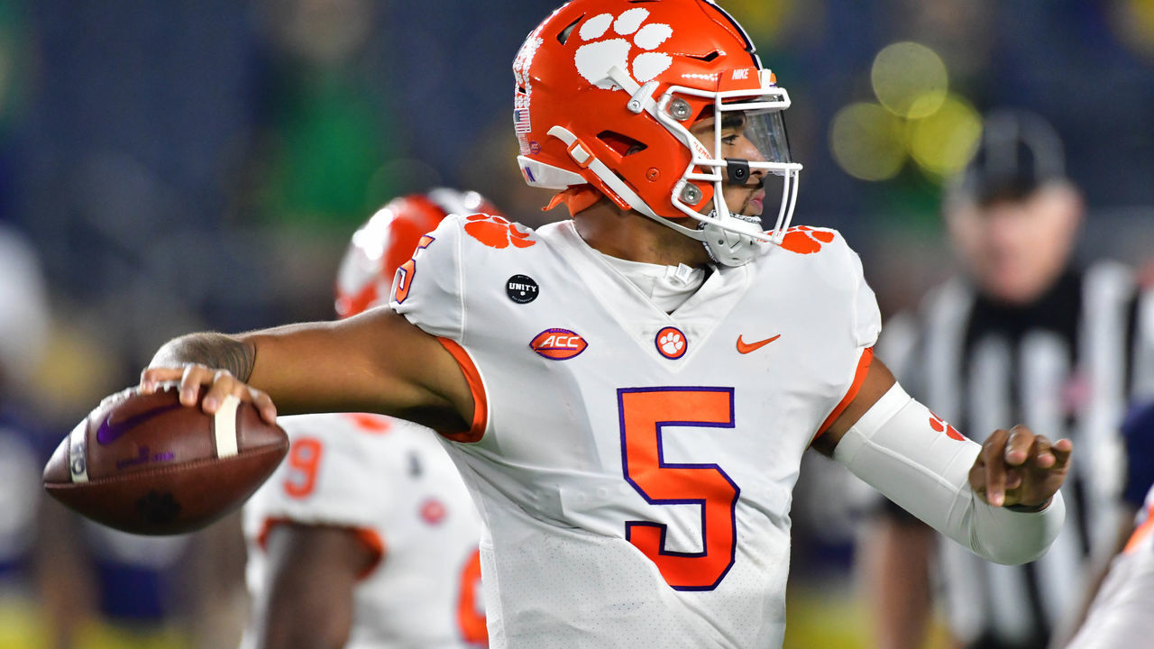 SOUTH BEND, INDIANA - NOVEMBER 07: Quarterback D.J. Uiagalelei #5 of the Clemson Tigers throws in the first quarter against the Notre Dame Fighting Irish at Notre Dame Stadium on November 7, 2020 in South Bend, Indiana.