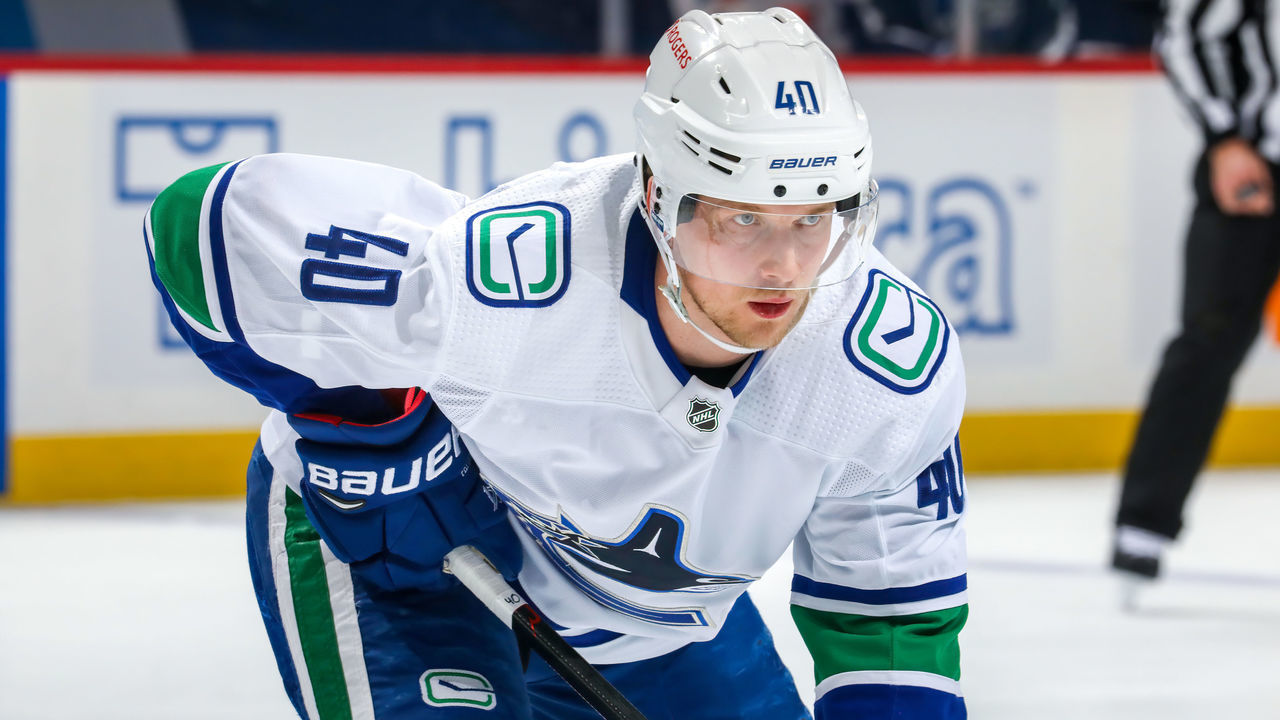 WINNIPEG, MB - MARCH 02: Elias Pettersson #40 of the Vancouver Canucks prepares for a first period face-off against the Winnipeg Jets at Bell MTS Place on March 02, 2021 in Winnipeg, Manitoba.