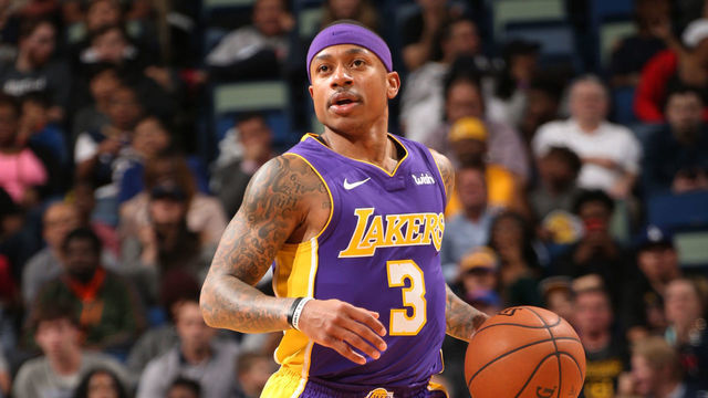 NEW ORLEANS, LA - MARCH 22: Isaiah Thomas #3 of the Los Angeles Lakers handles the ball against the New Orleans Pelicans on March 22, 2018 at Smoothie King Center in New Orleans, Louisiana. Mandatory Copyright Notice: Copyright 2018 NBAE