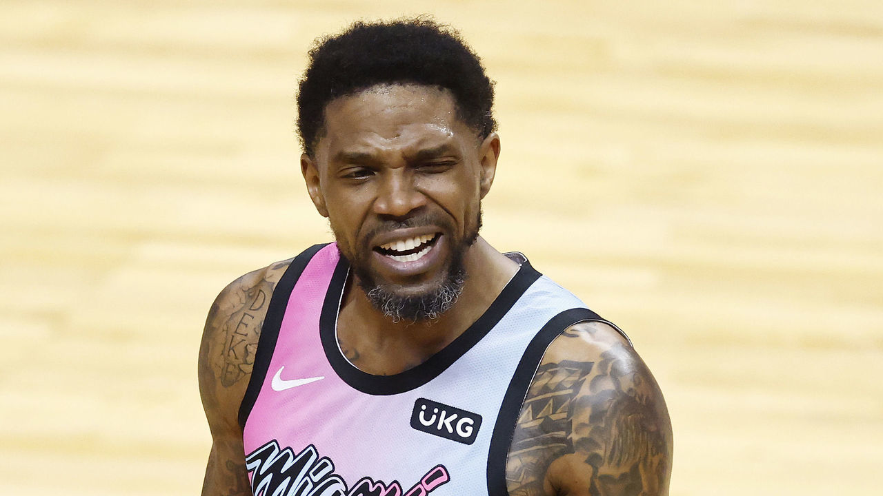 MIAMI, FLORIDA - MAY 13: Udonis Haslem #40 of the Miami Heat reacts against the Philadelphia 76ers during the second quarter at American Airlines Arena on May 13, 2021 in Miami, Florida.