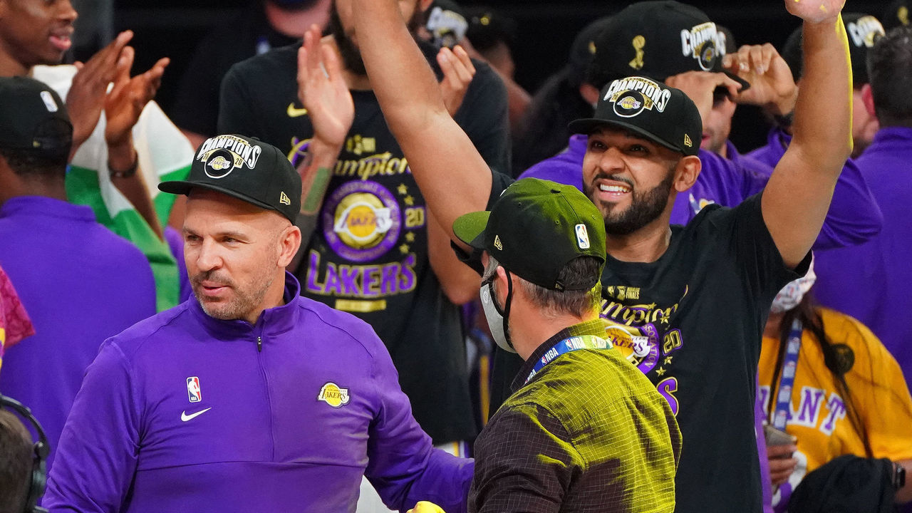ORLANDO, FL - OCTOBER 11: Jason Kidd and Jared Dudley #10 of the Los Angeles Lakers celebrate on court after winning Game Six of the NBA Finals against the Miami Heat on October 11, 2020 in Orlando, Florida at AdventHealth Arena. NOTE TO USER: User expressly acknowledges and agrees that, by downloading and/or using this Photograph, user is consenting to the terms and conditions of the Getty Images License Agreement. Mandatory Copyright Notice: Copyright 2020 NBAE