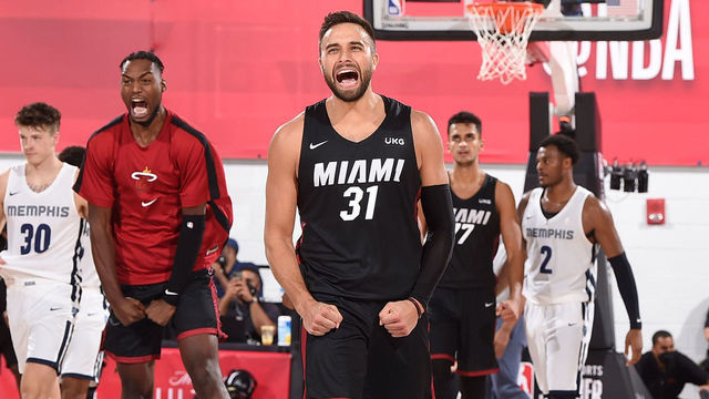 LAS VEGAS, NV - AUGUST 11: Max Strus #31 of the Miami Heat after making the game winning shot during sudden death overtime during the game against the Memphis Grizzlies during the 2021 Las Vegas Summer League on August 11, 2021 at the Cox Pavilion in Las Vegas, Nevada. NOTE TO USER: User expressly acknowledges and agrees that, by downloading and/or using this Photograph, user is consenting to the terms and conditions of the Getty Images License Agreement. Mandatory Copyright Notice: Copyright 2021 NBAE