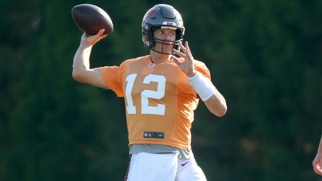 TAMPA, FL - AUG 09: Tom Brady (12) throws a pass during the Tampa Bay Buccaneers Training Camp on August 09, 2021 at the AdventHealth Training Center at One Buccaneer Place in Tampa, Florida.
