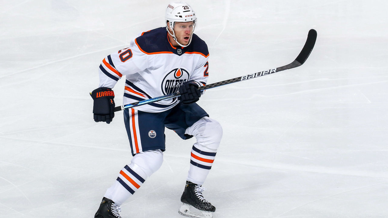 WINNIPEG, MB - MAY 24: Slater Koekkoek #20 of the Edmonton Oilers keeps an eye on the play during first period action against the Winnipeg Jets in Game Four of the First Round of the 2021 Stanley Cup Playoffs at the Bell MTS Place on May 24, 2021 in Winnipeg, Manitoba, Canada.