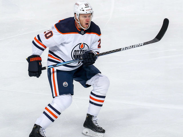 WINNIPEG, MB - MAY 24: Slater Koekkoek #20 of the Edmonton Oilers keeps an eye on the play during first period action against the Winnipeg Jets in Game Four of the First Round of the 2021 Stanley Cup Playoffs at the Bell MTS Place on May 24, 2021 in Winnipeg, Manitoba, Canada.