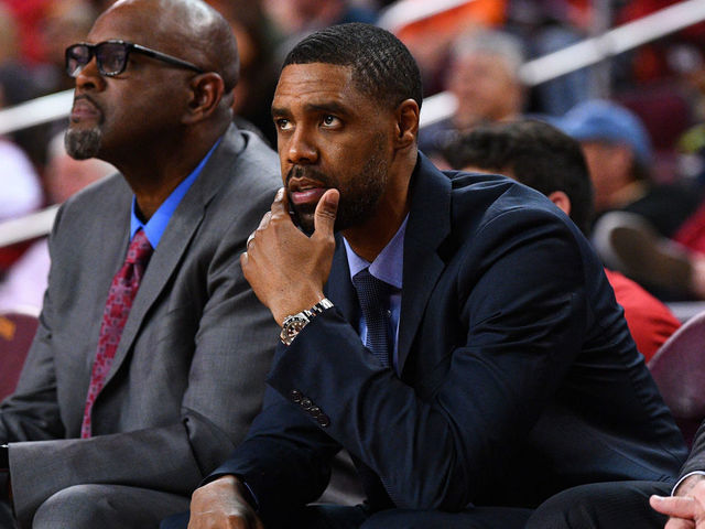LOS ANGELES, CA - FEBRUARY 23: USC assistant coach Jason Hart looks on during a college basketball game between the Oregon State Beavers and the USC Trojans on February 23, 2019 at Galen Center in Los Angeles, CA.