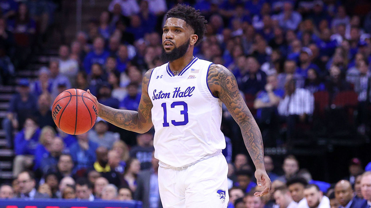 NEWARK, NJ - MARCH 04: Seton Hall Pirates guard Myles Powell (13) during the first half of the college basketball game between the Seton Hall Pirates and the Villanova Wildcats on March 4, 2020 at the Prudential Center in Newark, NJ.