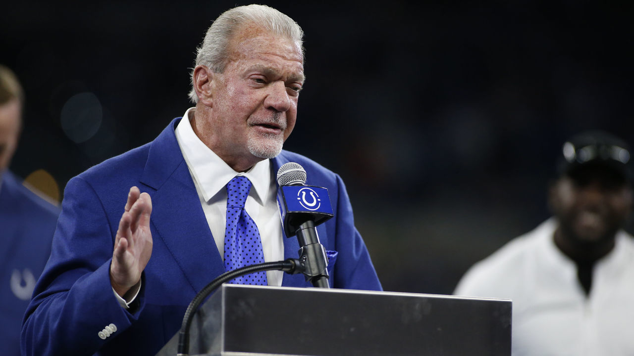 INDIANAPOLIS, INDIANA - NOVEMBER 10: Indianapolis Colts owner Jim Irsay talks to the fans during the Dwight Freeney induction to the Indianapolis Colts Ring of Honor at Lucas Oil Stadium on November 10, 2019 in Indianapolis, Indiana.