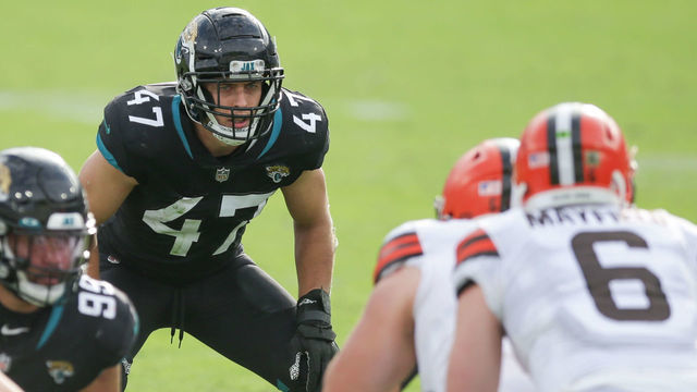JACKSONVILLE, FL - NOVEMBER 29: Jacksonville Jaguars Linebacker Joe Schobert (47) during the game between the Cleveland Browns and the Jacksonville Jaguars on November 29, 2020 at TIAA Bank Field in Jacksonville, Fl.
