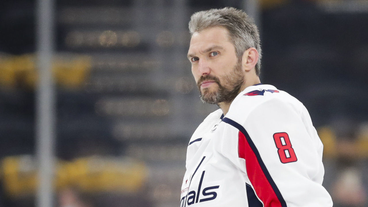 BOSTON, MA - MAY 21: Alex Ovechkin #8 of the Washington Capitals looks on before Game Four of the First Round of the 2021 Stanley Cup Playoffs against the Boston Bruins at TD Garden on May 21, 2021 in Boston, Massachusetts.
