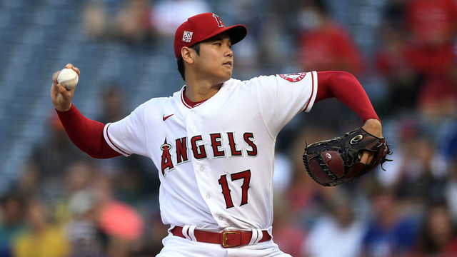 ANAHEIM, CA - AUGUST 12: Starting pitcher Shohei Ohtani #17 of the Los Angeles Angels throws against the Toronto Blue Jays during the first inning at Angel Stadium of Anaheim on August 12, 2021 in Anaheim, California.